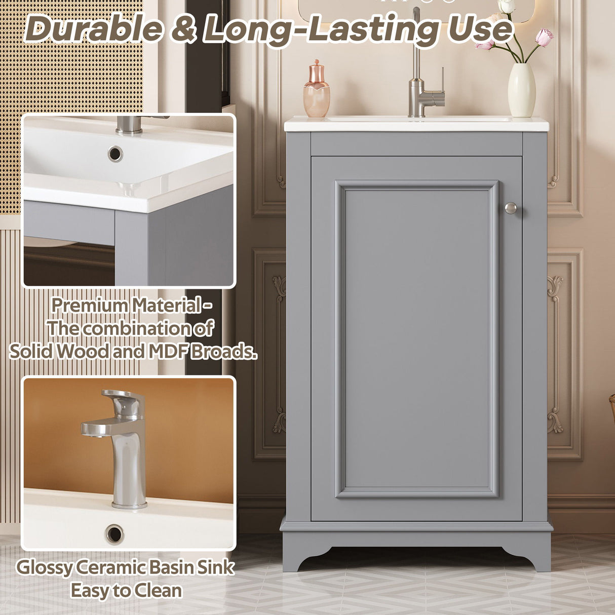 Bathroom Vanity With Sink, Freestanding Single Cabinet Set, Soft Close Door, Adjustable Shelf