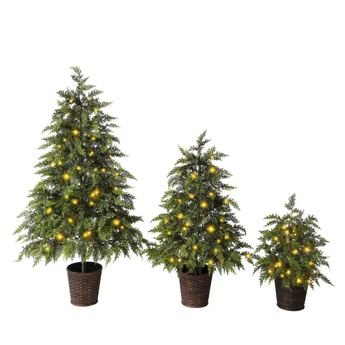 3 Piece Pre Lit Christmas Tree Set With Warm Glowing LED Lights, Sturdy Potted Base, Full Cascading Branches - Green