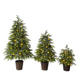 3 Piece Pre Lit Christmas Tree Set With Warm Glowing LED Lights, Sturdy Potted Base, Full Cascading Branches - Green