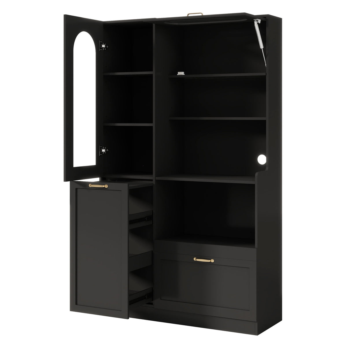 Tall Freestanding Kitchen Pantry Cabinet With Arched Glass Door