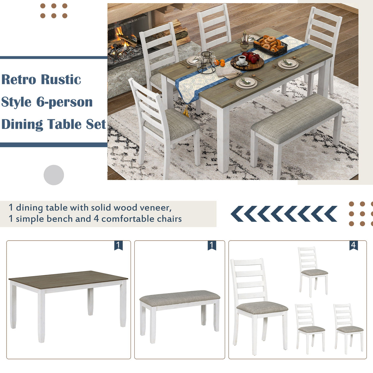 6 Piece Dining Set With 4 Upholstered Chairs & Bench - Brown / Whitewash