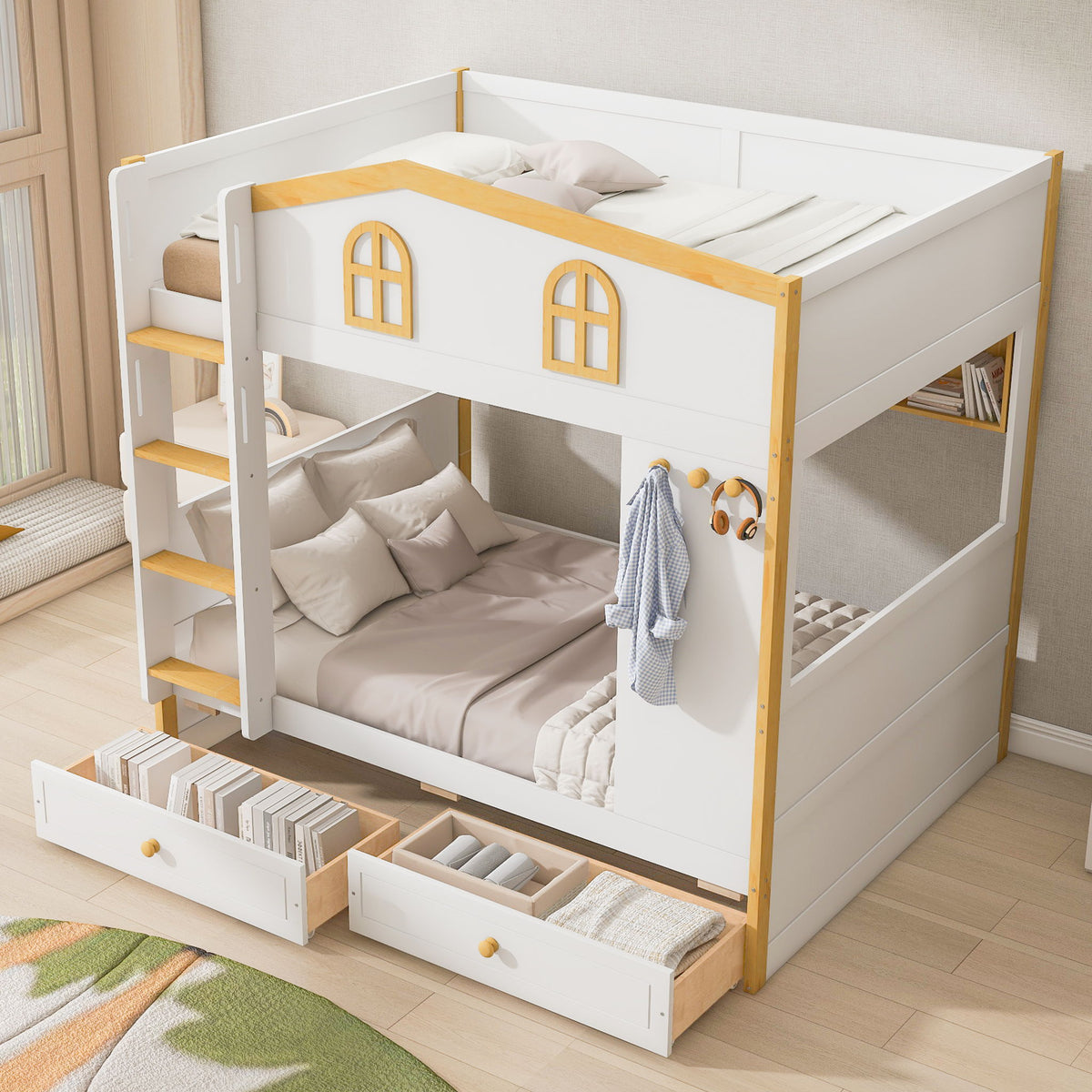 Bunk Bed With House Shaped Guardrails, Storage Shelves, And Trundle