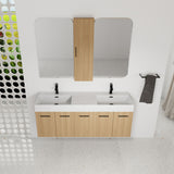 Floating Double Sink Bathroom Vanity Set With Tall Linen Cabinet, Extra Large Storage, Integrated Sink, Soft Close Doors - Glossy White / Light Oak