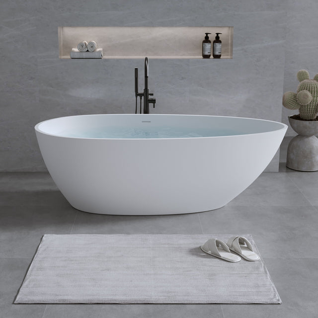Solid Surface Matte Tub, Freestanding Solid Surface Resin Stone Bathtub, Solid Surface Matte White Soaking Tub, Free Standing Tub With Overflow And Pop-Up Drain - Matte White - Bathtubs - Alpine Outlets
