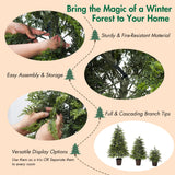 3 Piece Pre Lit Christmas Tree Set With Warm Glowing LED Lights, Sturdy Potted Base, Full Cascading Branches - Green