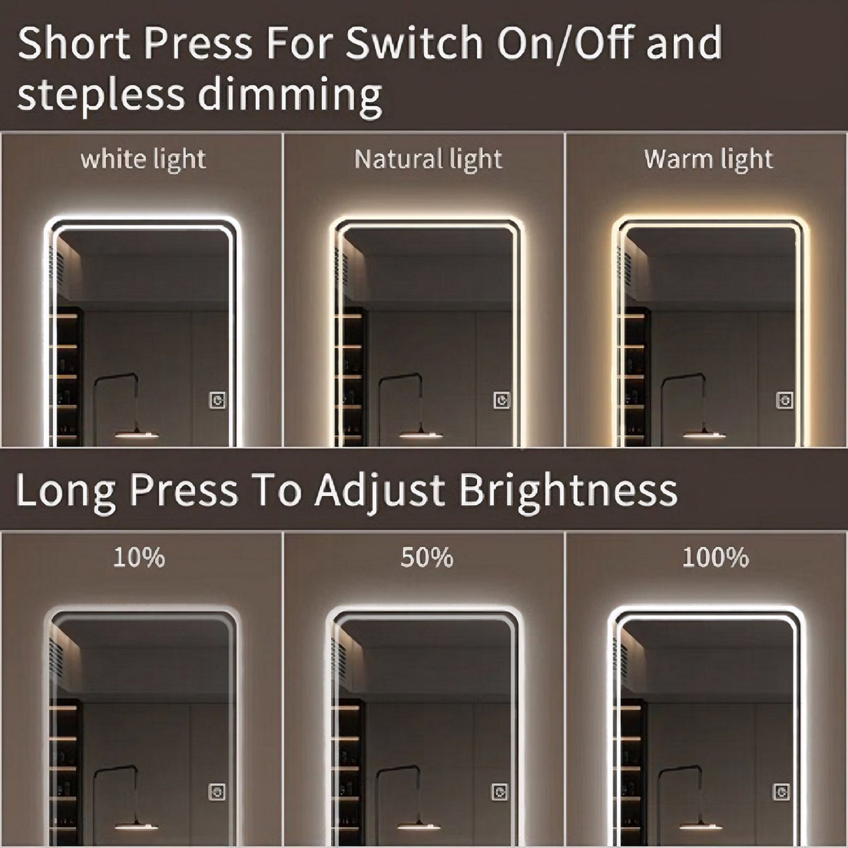 Full Length Floor Mirror LED Whole Body Mirror, Wall Mounted Hanging Mirror With Lights, Makeup Vanity Mirror, Bedroom Full Size Body Mirror With Dimming & 3 Color Modes - Clear