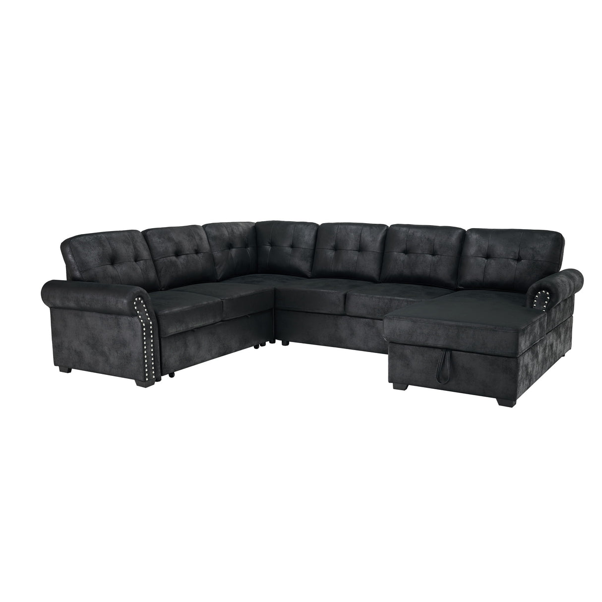 U Shape Sectional Sleeper Sofa With Pull Out Bed And Storage Chaise - Black