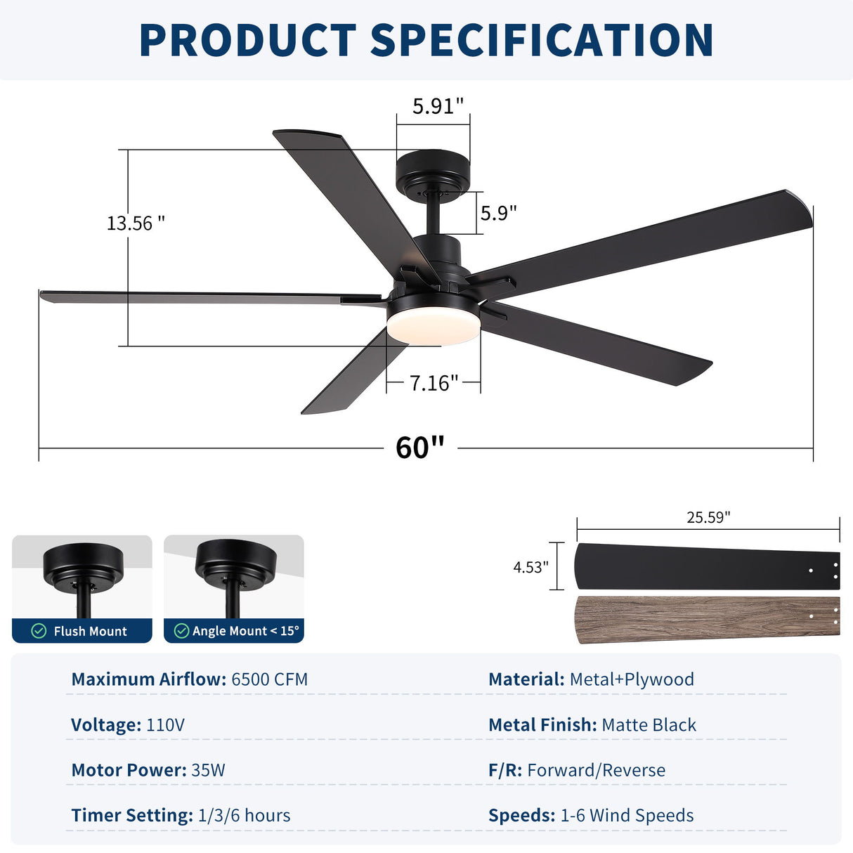 Ceiling Fan With Lights And Remot With Quiet DC Motor, 6 Speeds, Reversible Blades - Black