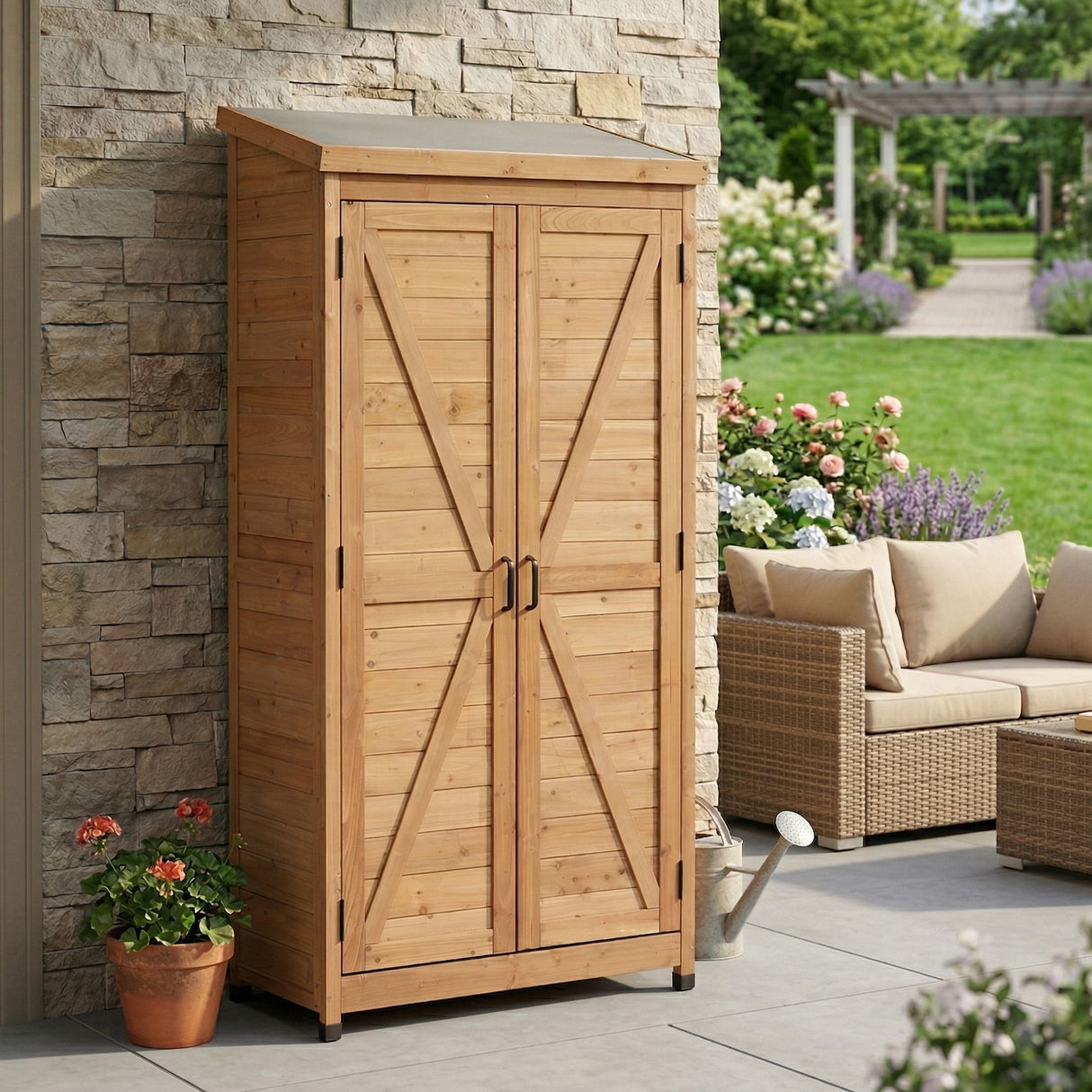Outdoor Storage Shed With Top Tall Vertical Tool Cabinet - Gold