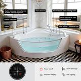 Korra - 2 Person Acrylic Corner Whirlpool Bathtub With Hydro Massage, Rainbow Light, Heater - Milk White
