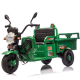 12V Kids Electric 3 Wheel Cargo Truck, 2Wd, Anti Slip Wheels, Large Storage, Extra Wide Seat With LED Lights & Music - Green