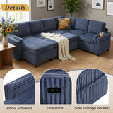 Convertible U-Shaped Sectional Sofa Bed With USB Ports And Storage