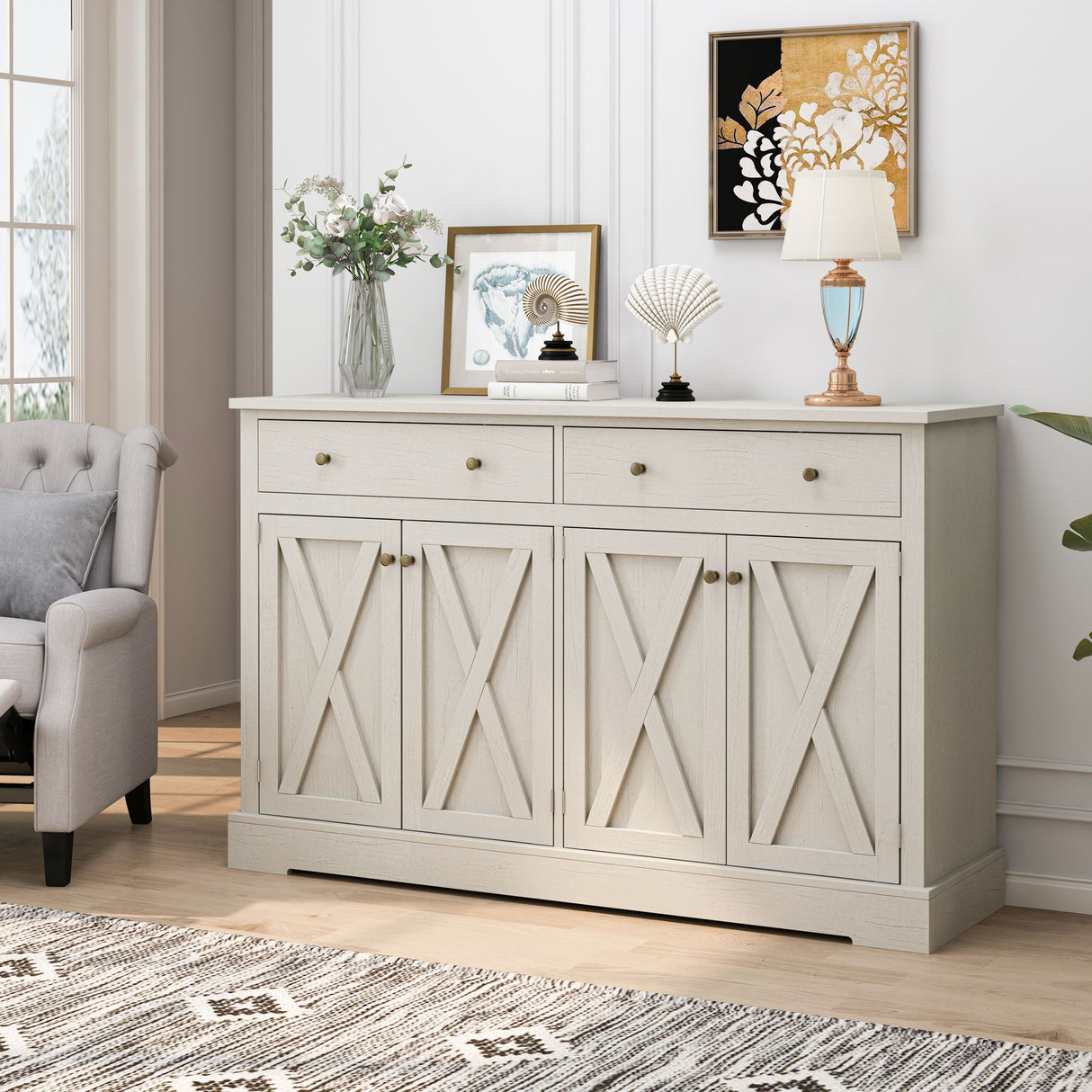 Vintage Sideboard Buffet Storage Cabinet with 2 Drawers and 55x36in