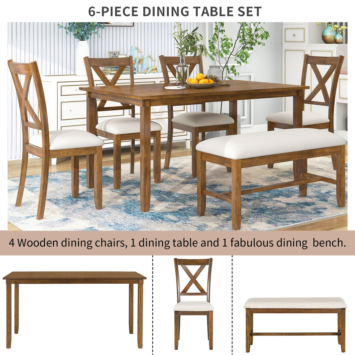 6 Piece Rectangular Dining Table Set With 4 Chairs And Bench
