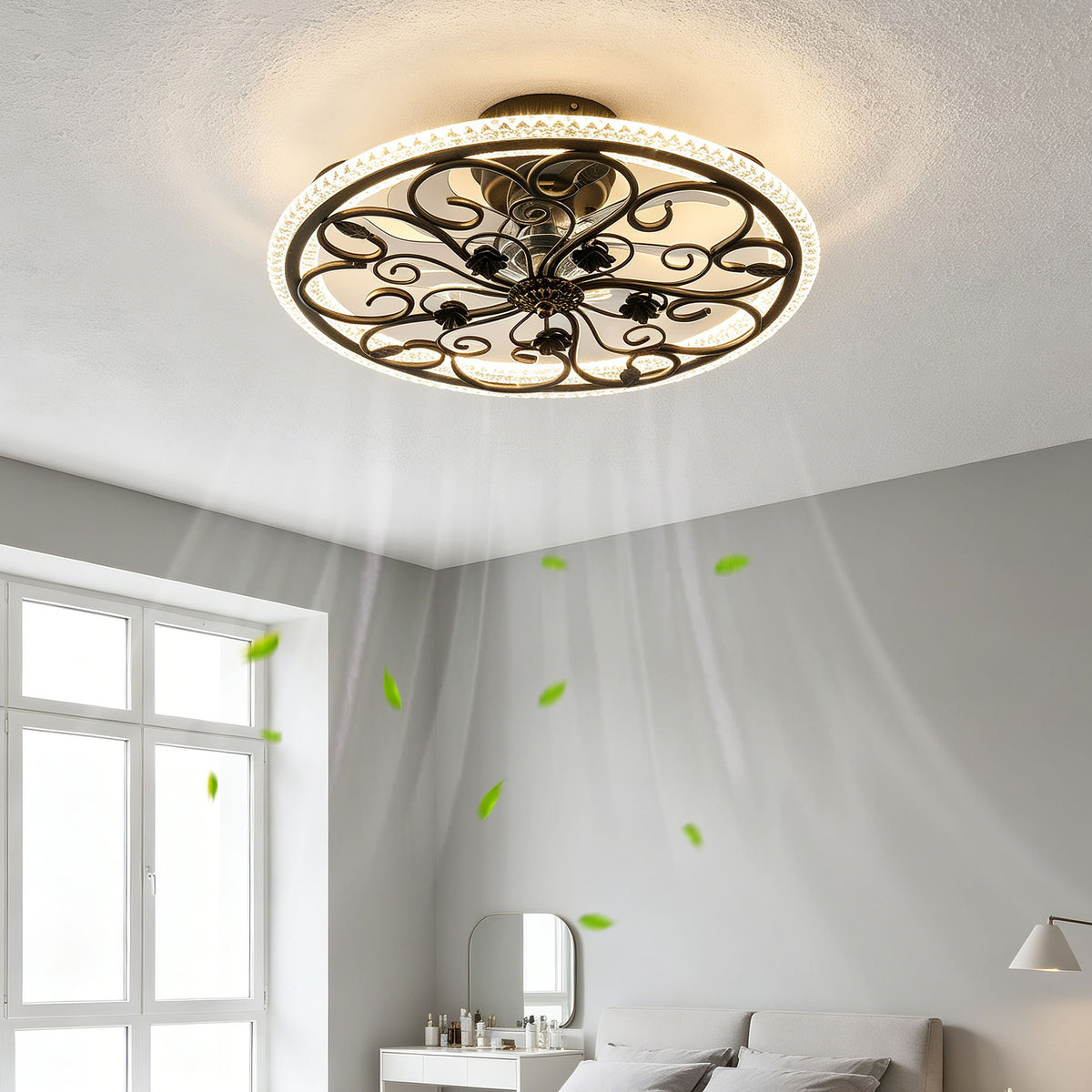 Flower Caged Ceiling Fan With LED Light And Remote Control - Matte Black
