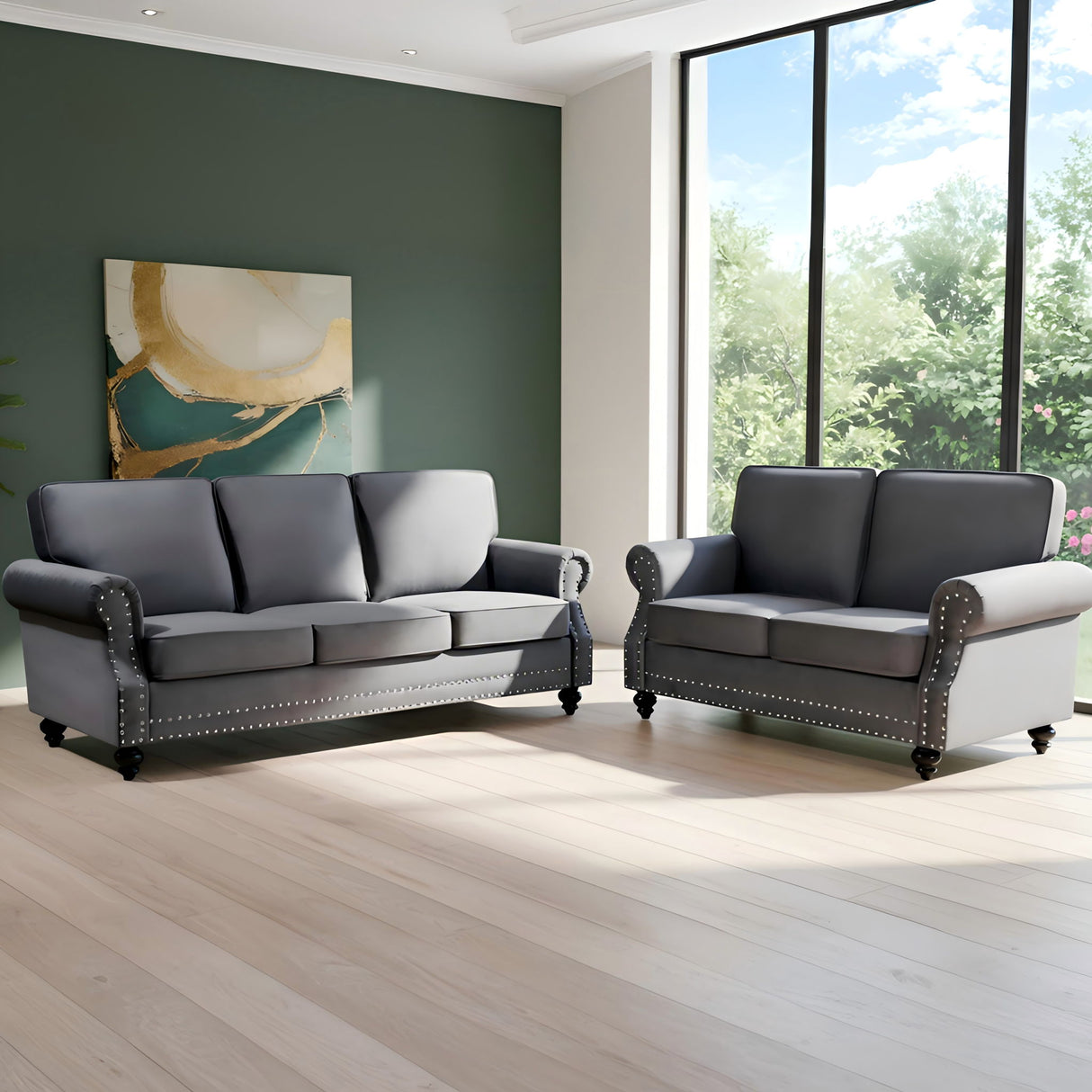 3 Seater Sofa With Nailhead Trim And Turned Legs For Living Room