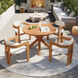 5-Piece Outdoor Acacia Wood Round Dining Set Beige Cushion