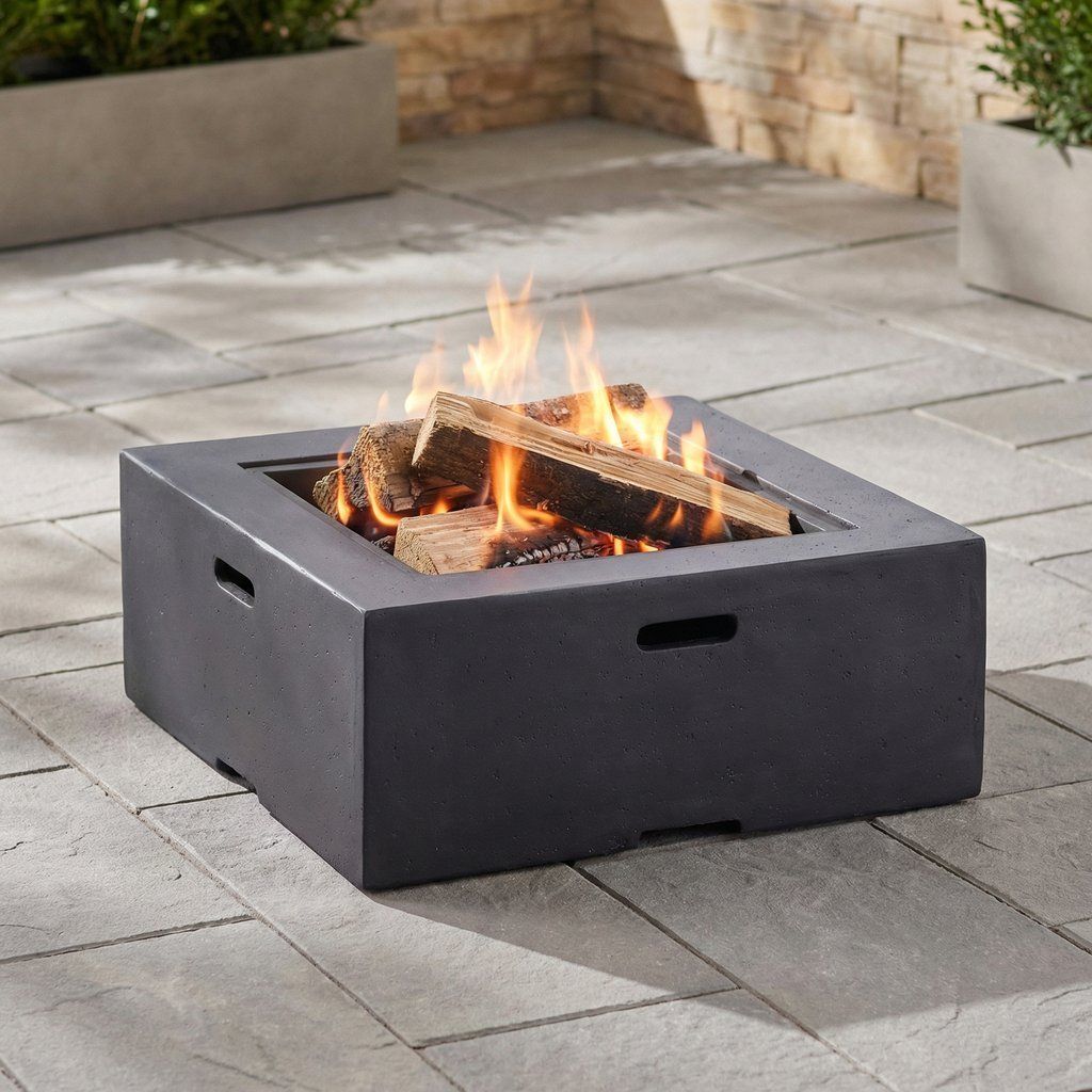 Outdoor Square Fire Pit Garden Hearth Wood Burning Magnesium Oxide 29x17in Dark Gray