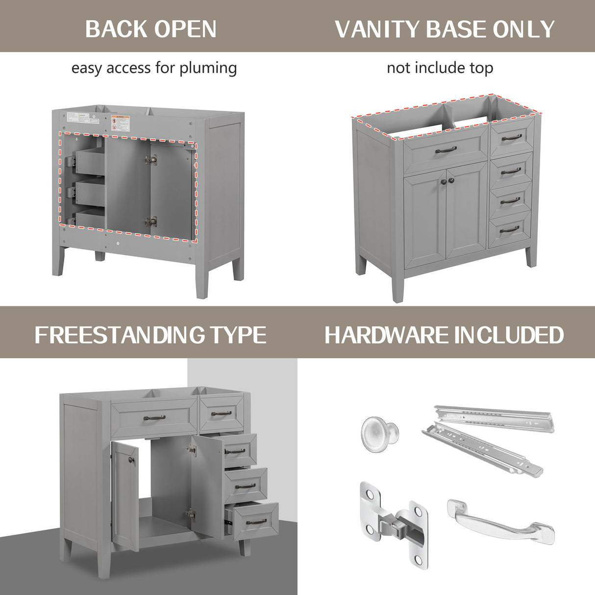 Modern Bathroom Vanity Base Only, 2 Doors And 3 Drawers