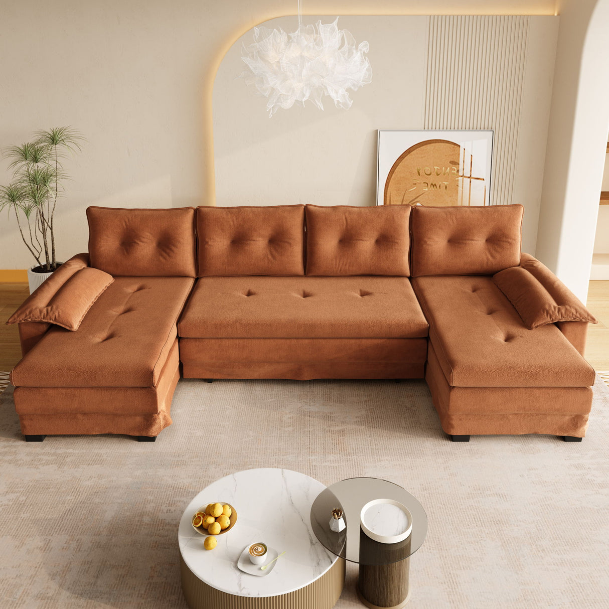U-Shaped Sleeper Sofa With Pull Out Bed, Removable Armrests & USB Ports For Living Room