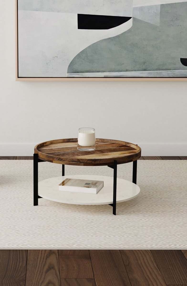 Adhvik Round Wood Top Marble Shelf Coffee Table - Coffee Tables available at Alpine Outlets in Denver