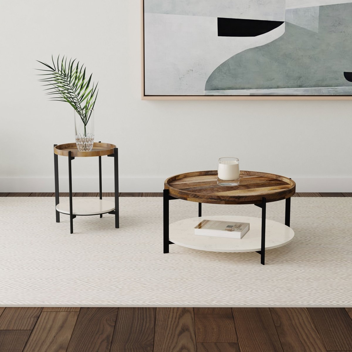 Adhvik Round Wood Top Marble Shelf Coffee Table - Coffee Tables available at Alpine Outlets in Denver