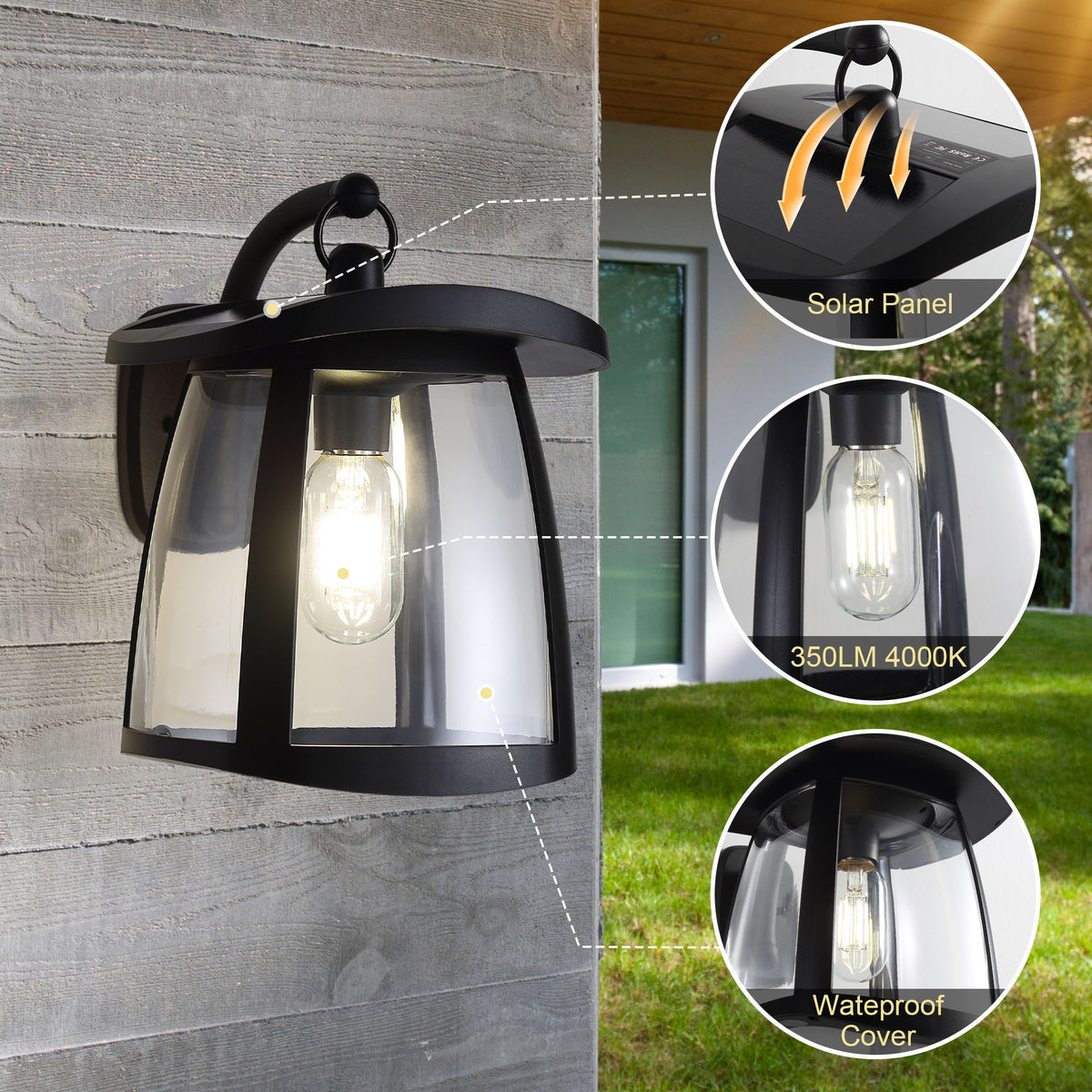Waterproof Solar Wall Lanterns With 2 Solar Panels, 4 Lighting Modes, Outdoor Hanging Lights - Black