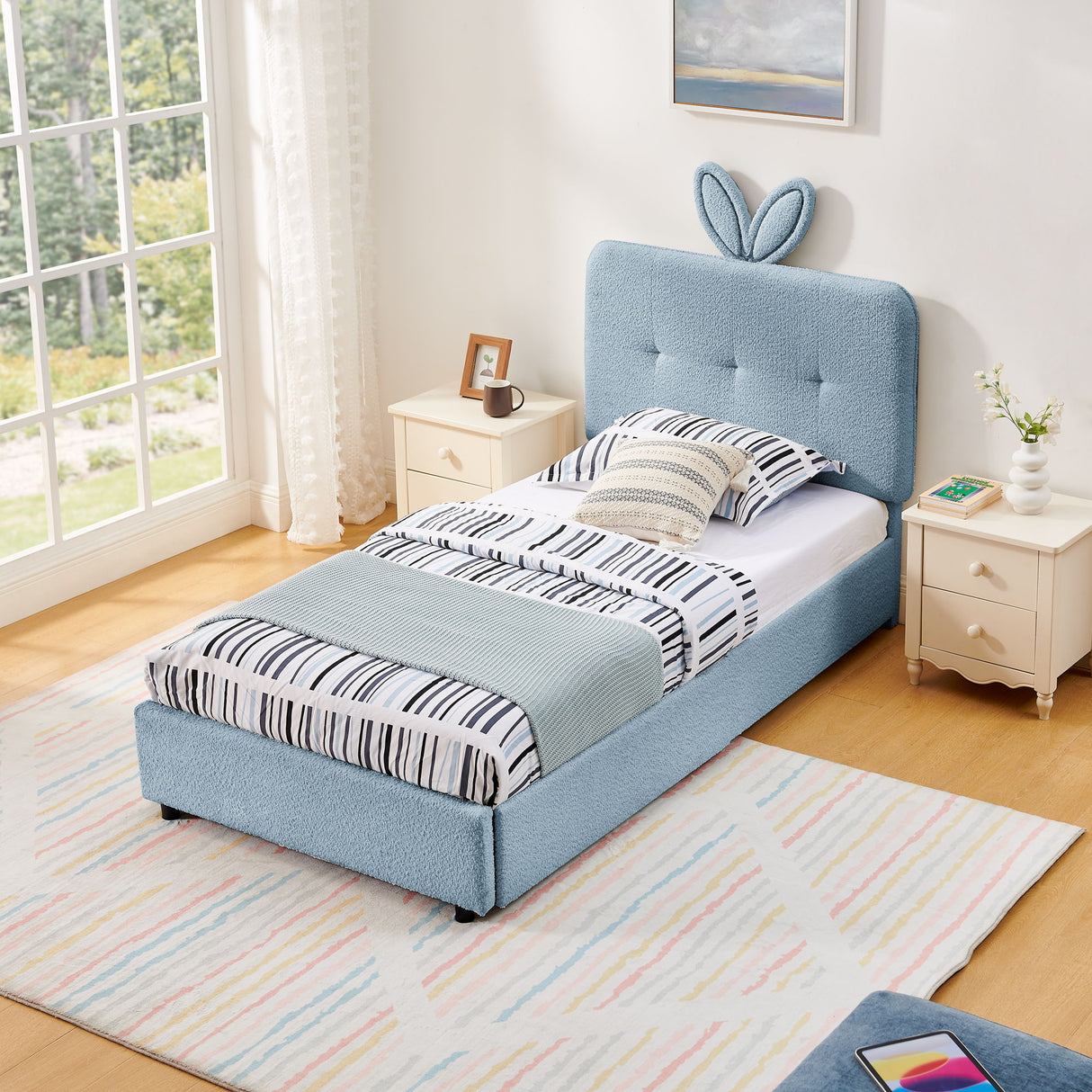 Upholstered Bed With Oversized Rabbit Ear Headboard, LED Lights & 4 Storage Drawers