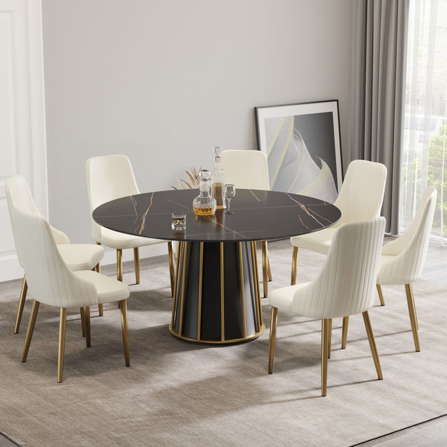 Modern Artificial Stone Round Metal Iron Base Dining Table, Can Accommodate 8 People, (Not Including Chairs) - Black - Dining Tables - Alpine Outlets