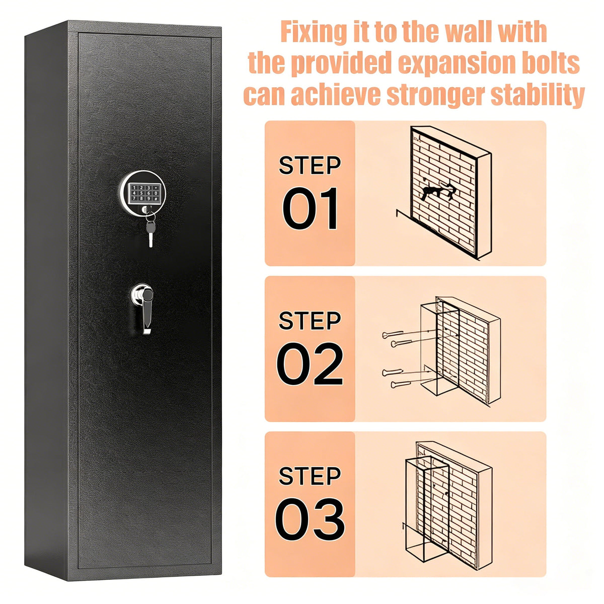 Large Capacity Mechanical Gun Safe For Rifles & Handguns, Digital Password Lock, Built In Independent Lock Box, Adjustable Shelves - Black