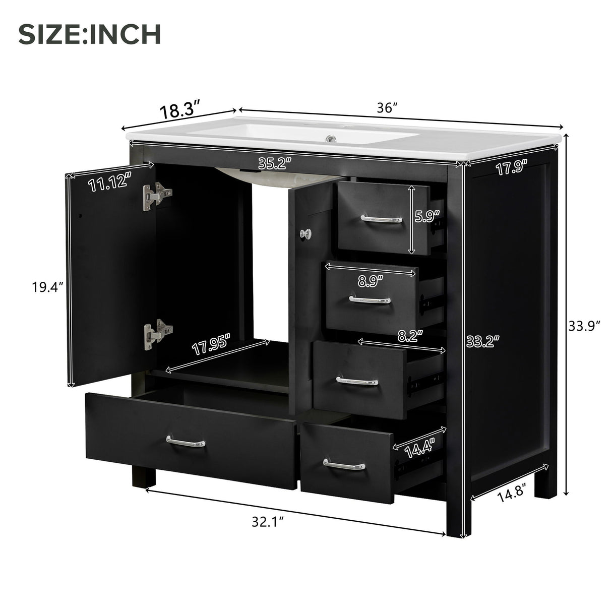 Bathroom Vanity With Sink Combo, 2 Soft Close Doors And 5 Drawers