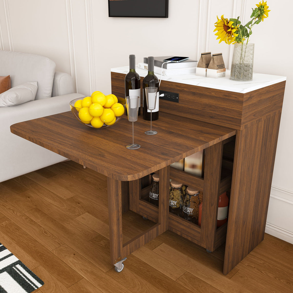 Extendable Dining Table With Power Socket, Lockable Casters, Storage Cabinet, Pull Out Kitchen Island - Natural Walnut