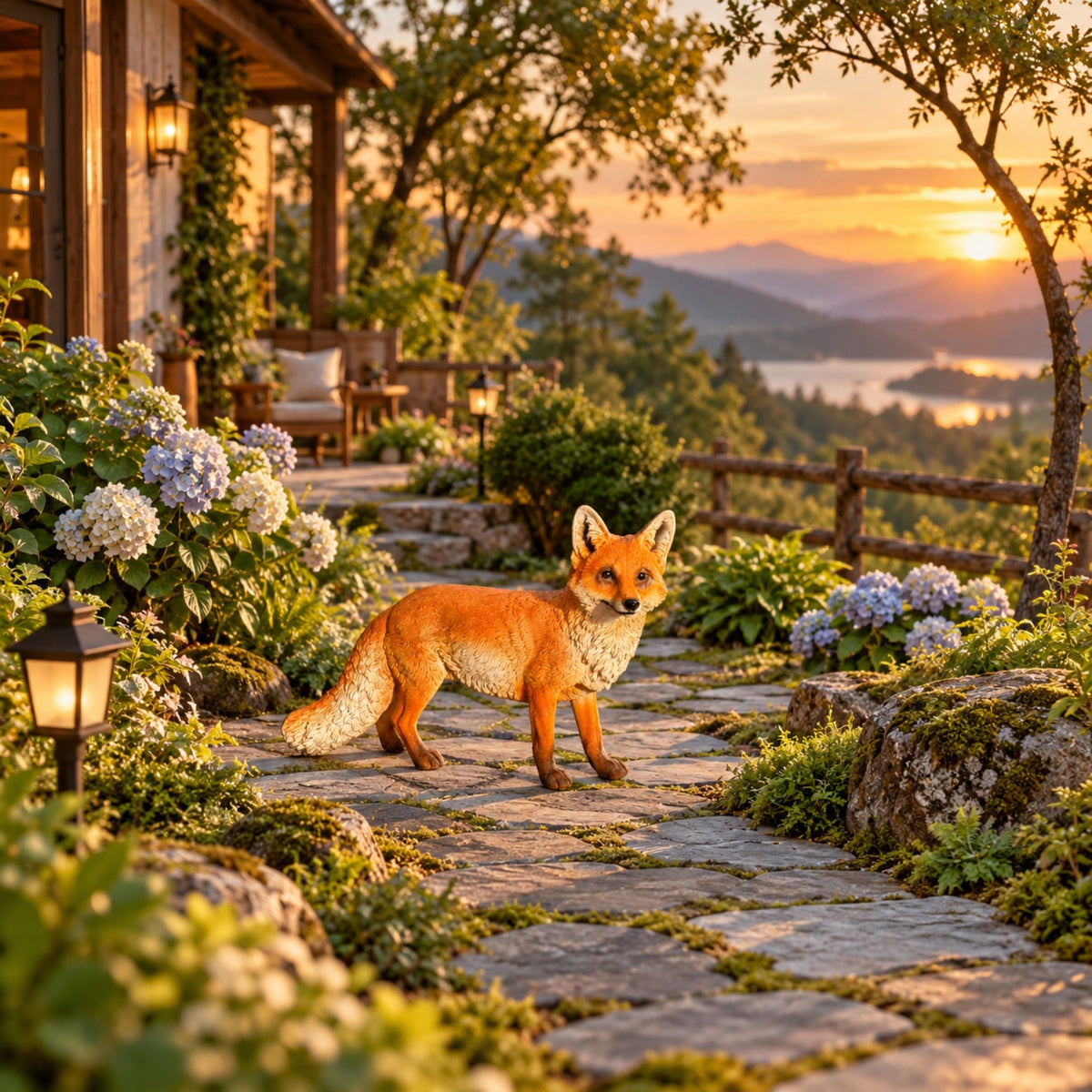 Realistic Red Fox Garden Statue, Wildlife Sculpture For Outdoor Decor - Brown