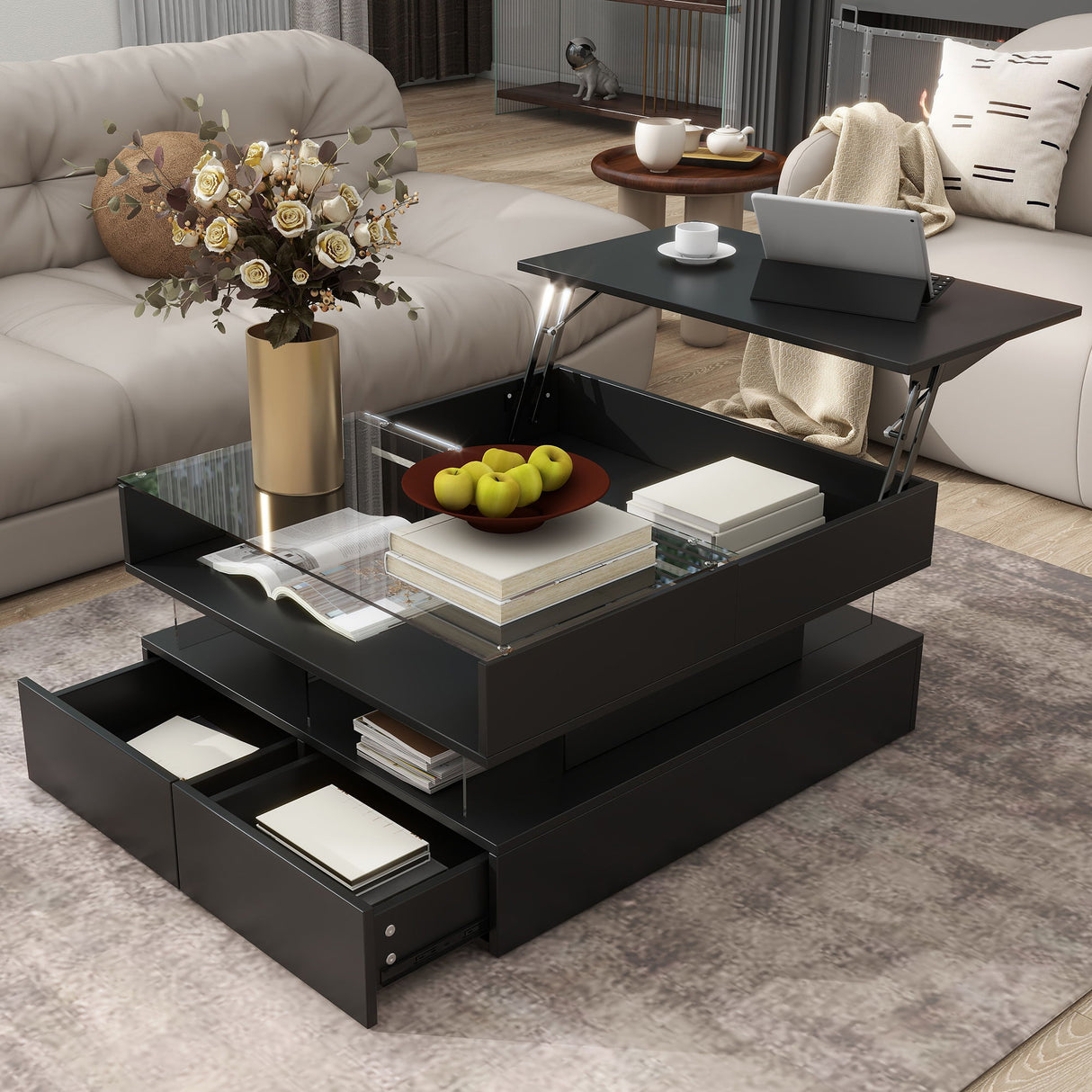 Lift Top Coffee Table With 2 Drawers, Hidden Space And LED Lights For Living Room
