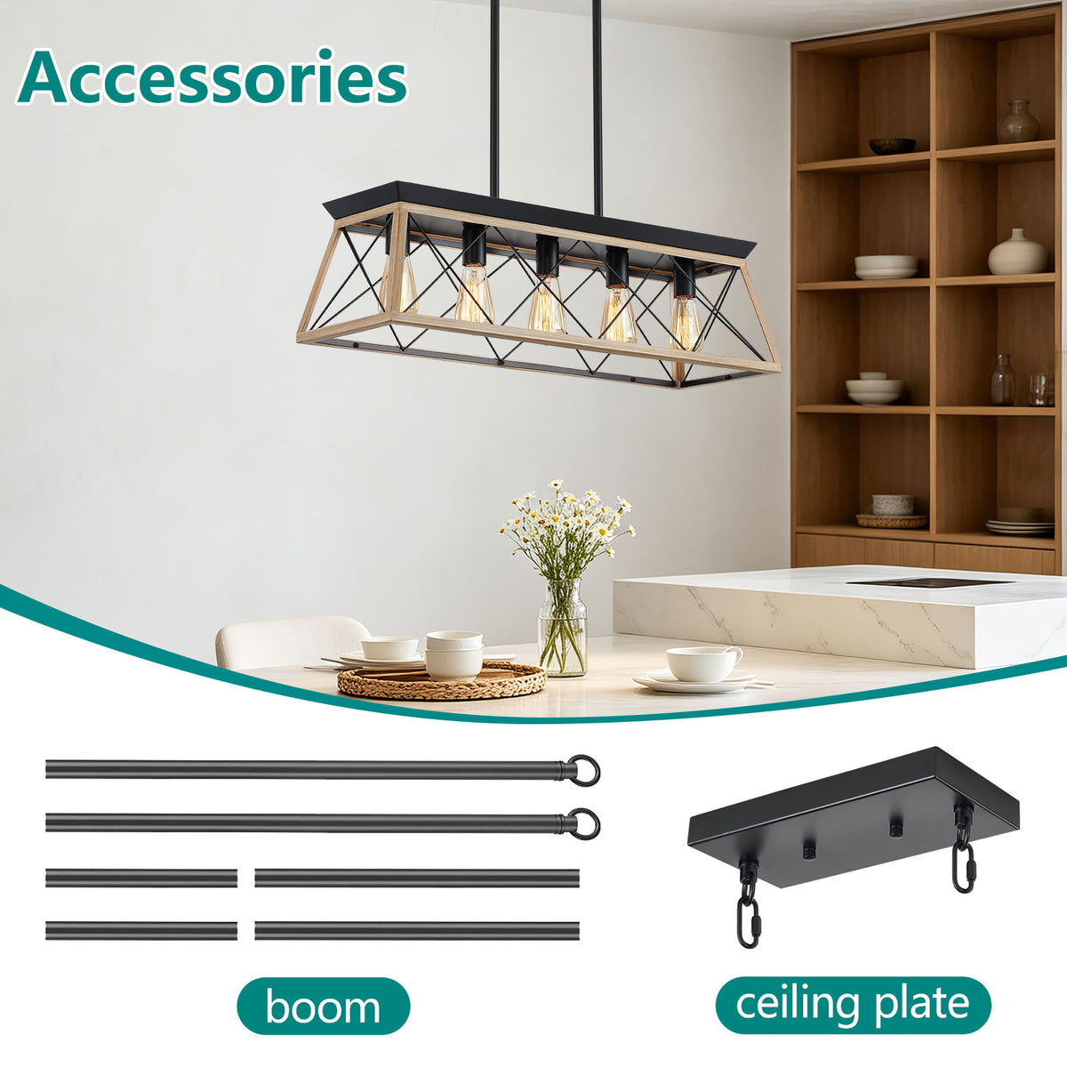 Chandelier Pendant Light For Dining Room Kitchen, 5 Light Fixture With Adjustable Height