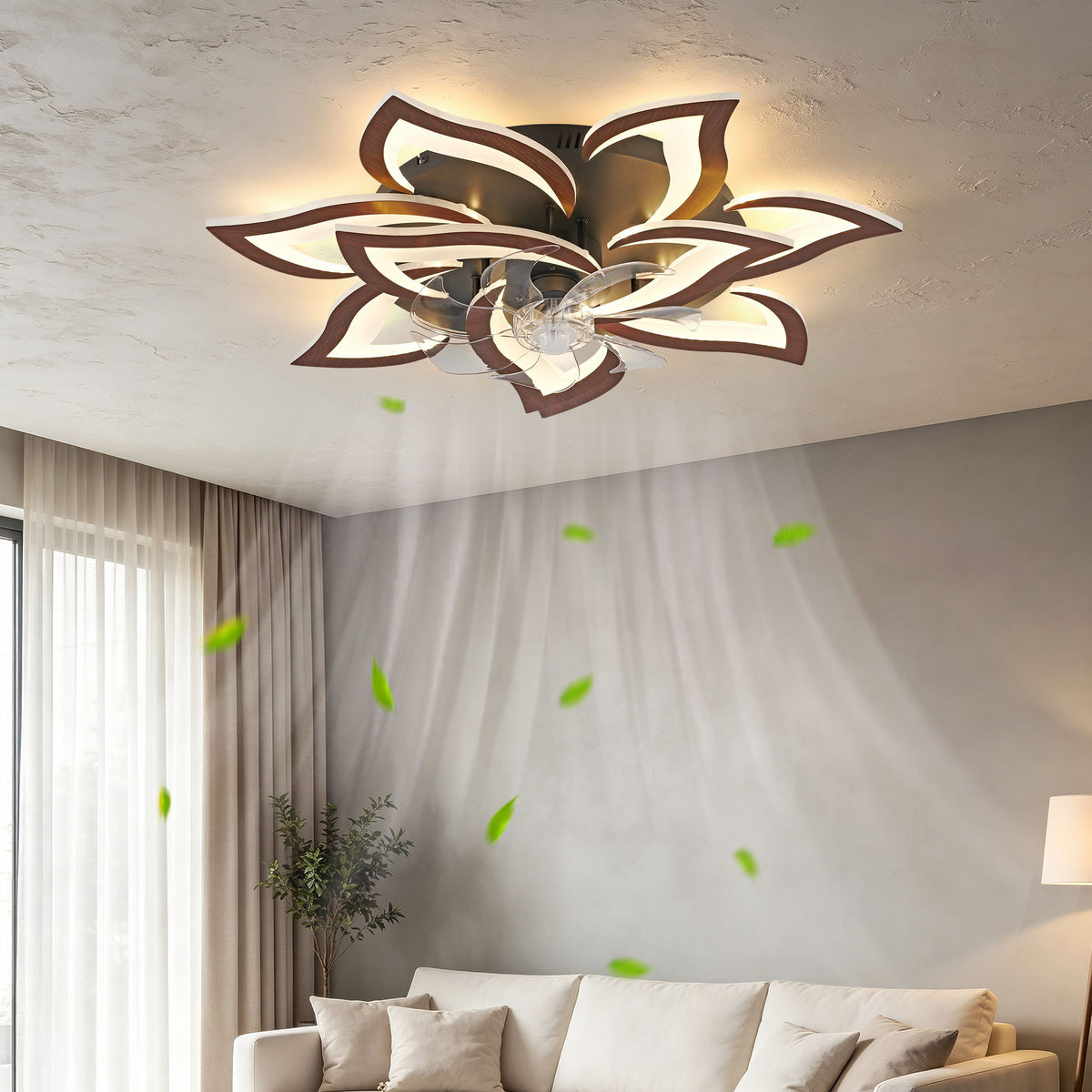 32" Flower Ceiling Fan With LED Dimmable Light, Low Profile Flush Mount Fan With Remote Control, 6 Speeds