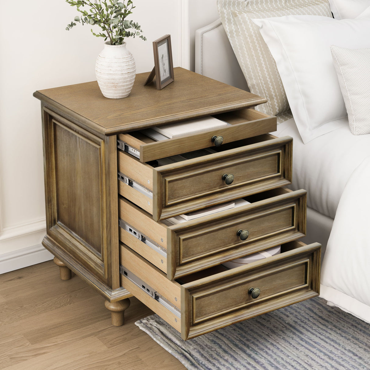 Nightstand With 4 Drawers With Hidden Pull Out Shelf - Light Brown
