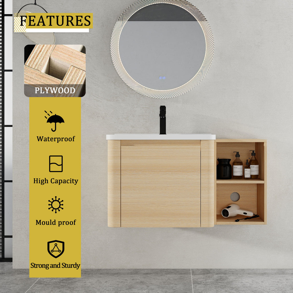Wall Mounted Bathroom Vanity & Sink, Storage Shelves & Soft Close Door