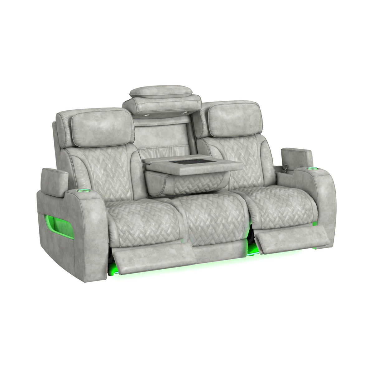 Prime Time - P3 Sofa With Ddt, 3.0 Table, 7 Colors (Led And Cup Holders), Reading Light, Vibration, Speaker, And Heat Massage - Leather Gel Light Gray