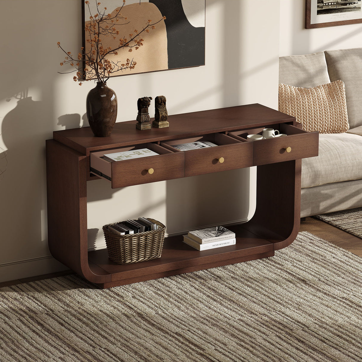 Console Table With 3 Drawers, Display Shelf, Curved Legs - Walnut