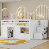 Low Loft Bed Frame With Built In Stairs, Storage Drawer, Shelf And 7 Color LED Light