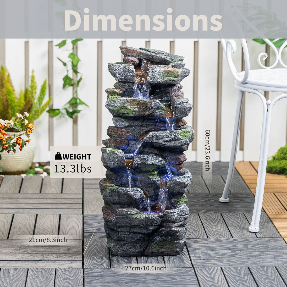 Rock Waterfall Outdoor Fountain With LED Lights - Gray