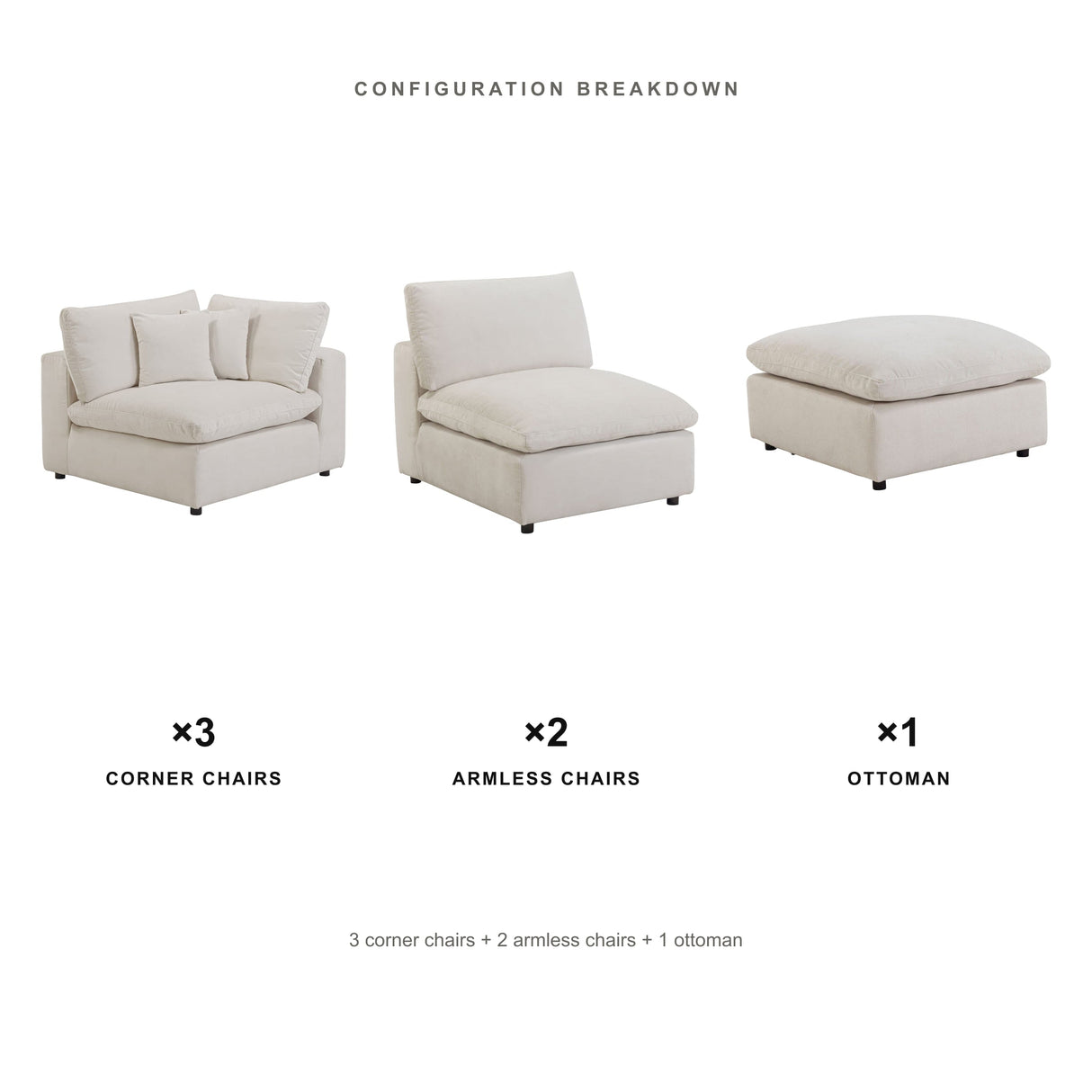 Alvora six-piece three-corner component layout in Ivory