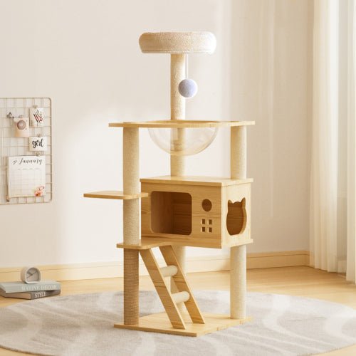 Arbelle 48.8in Modern Cat Tower with Acrylic Hammock – Natural/White - Pet Furniture - Alpine Outlets