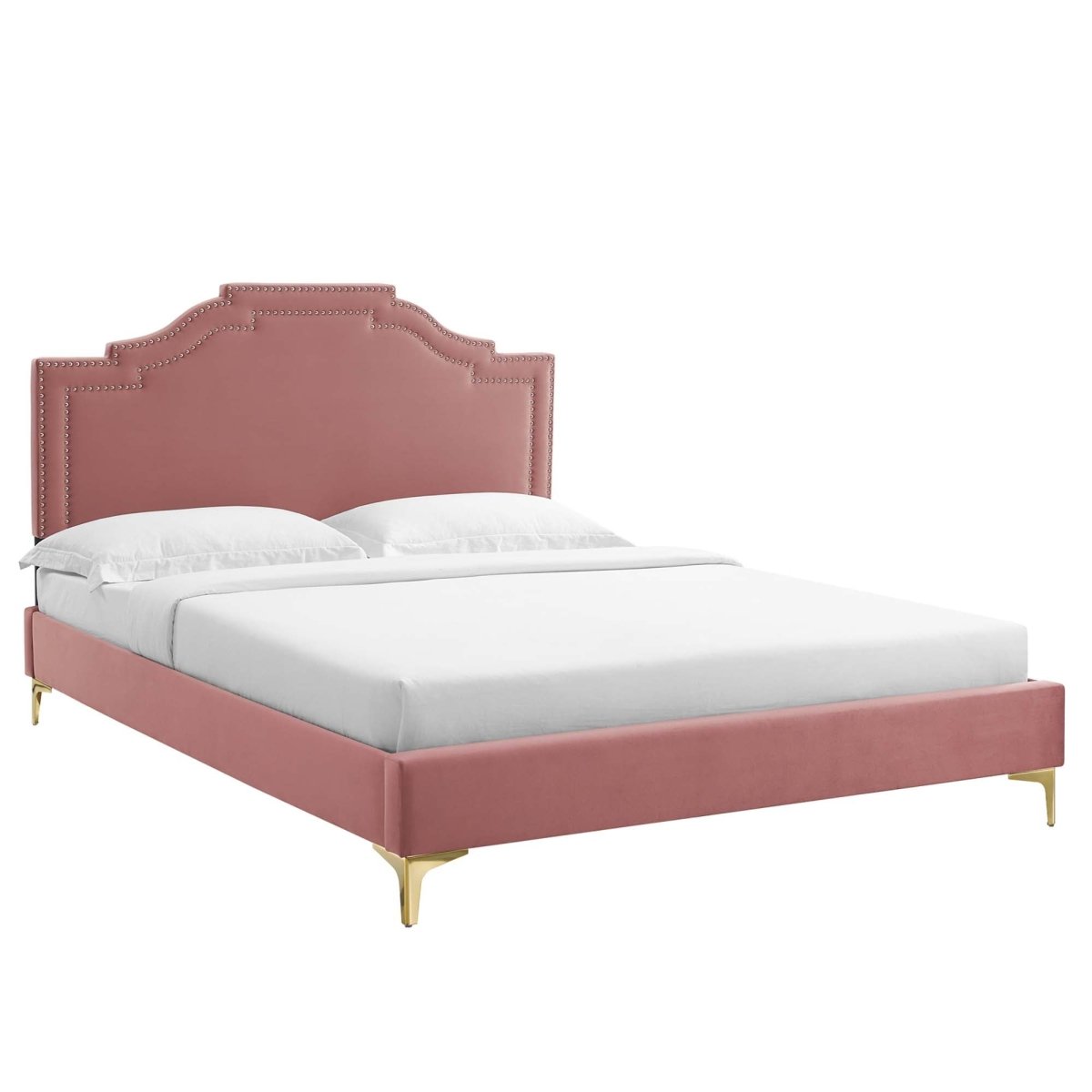 Arched Performance Velvet King Platform Bed with Double Nailhead Trim in Dusty Rose - Platform Bed available at Alpine Outlets in Denver