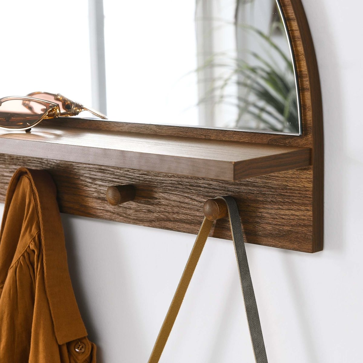 23x15" Walnut Arched Wall Mirror with Shelf and Pegs - Mirrors - Alpine Outlets