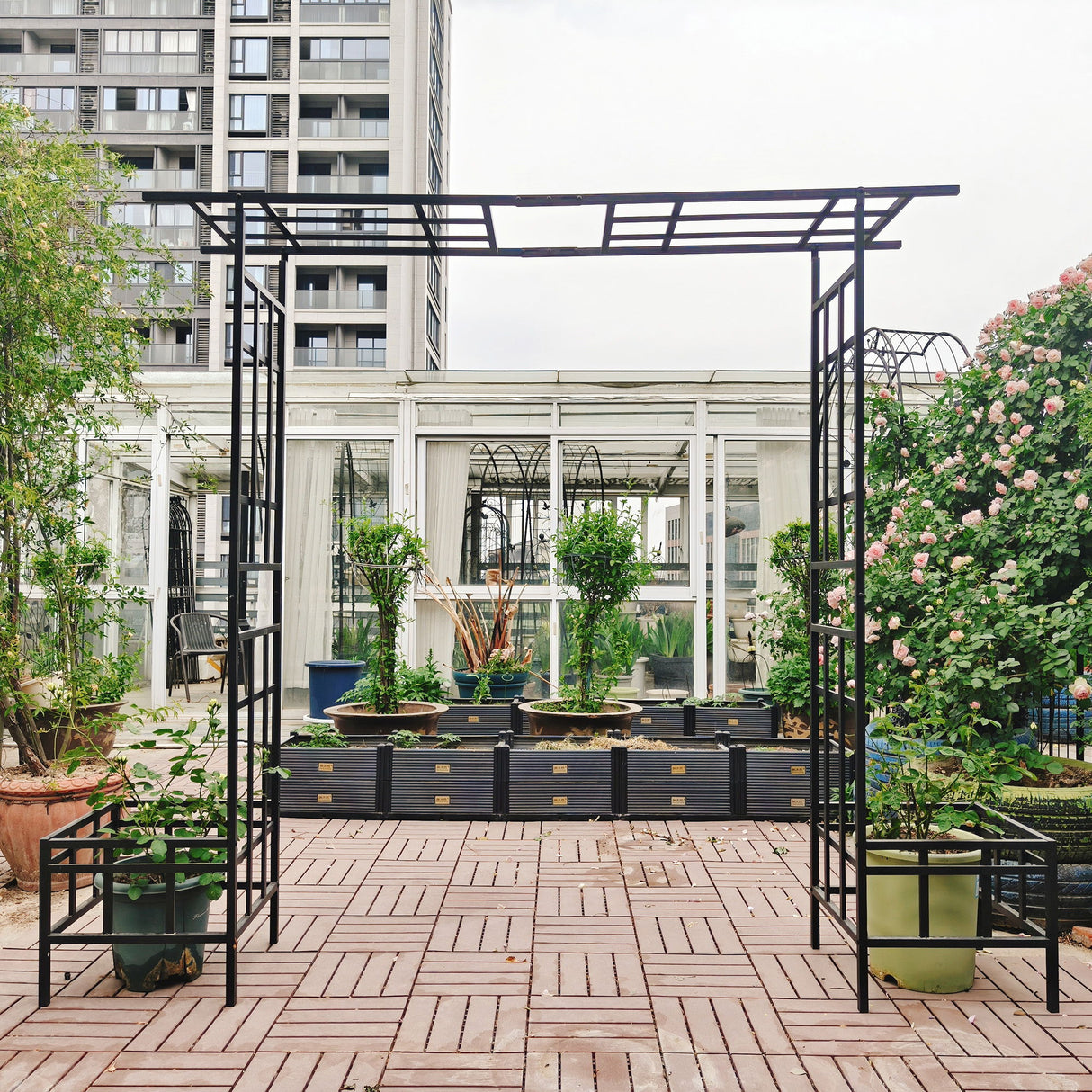 Garden Arch With Adjustable & Climbing Plants Support - Black