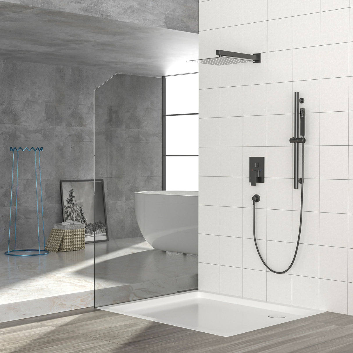 Wall Mounted Shower System With Adjustable Slide Bar And Rough In Valve - Matte Black