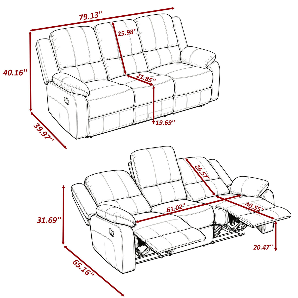 Modern 3 Seat Manual Reclining Sofa With Deep Recline