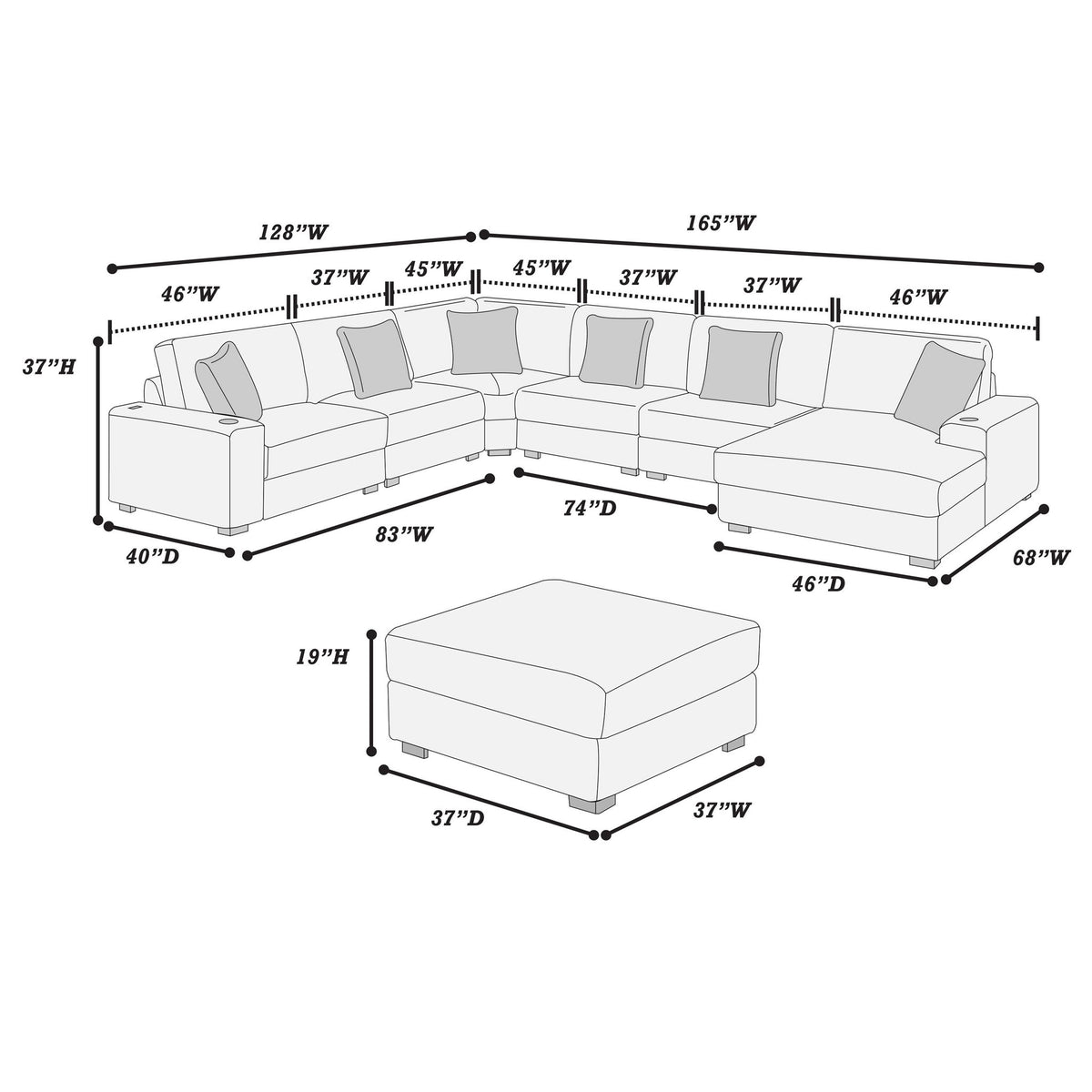 Contemporary Style Modular Sectional Sofa Set With USB, Cup Holder